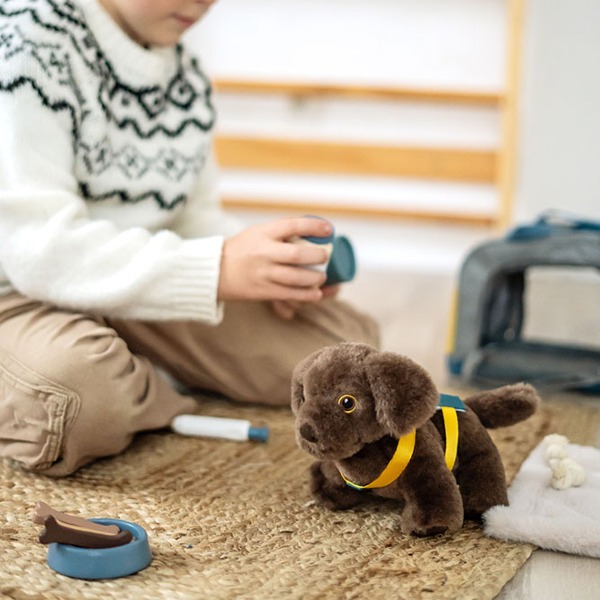 Small Foot Pluszowy Szczeniak Labradora z Transporterem i Zestawem Opieki Zestaw Małego Opiekuna dla Dzieci 24m+ Piesek z Akcesoriami do Karmienia, Pielęgnacji i Leczenia, Drewniane Elementy, Rozwija Empatię i Odpowiedzialność, Idealny Prezent dla 2-latka