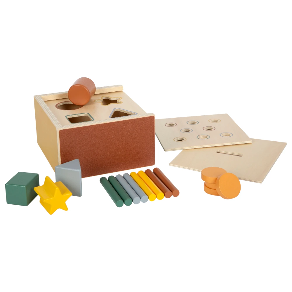 Small Foot Drewniany Sorter Montessori 3w1 dla Dzieci 12m+ | Wielofunkcyjna Skrzynka Edukacyjna FSC® 100% z Wymiennymi Pokrywkami, Uczy Trwałości Obiektu, Rozpoznawania Kształtów i Kolorów, Wspiera Motorykę Małą i Logikę, Idealny Prezent na Roczek.