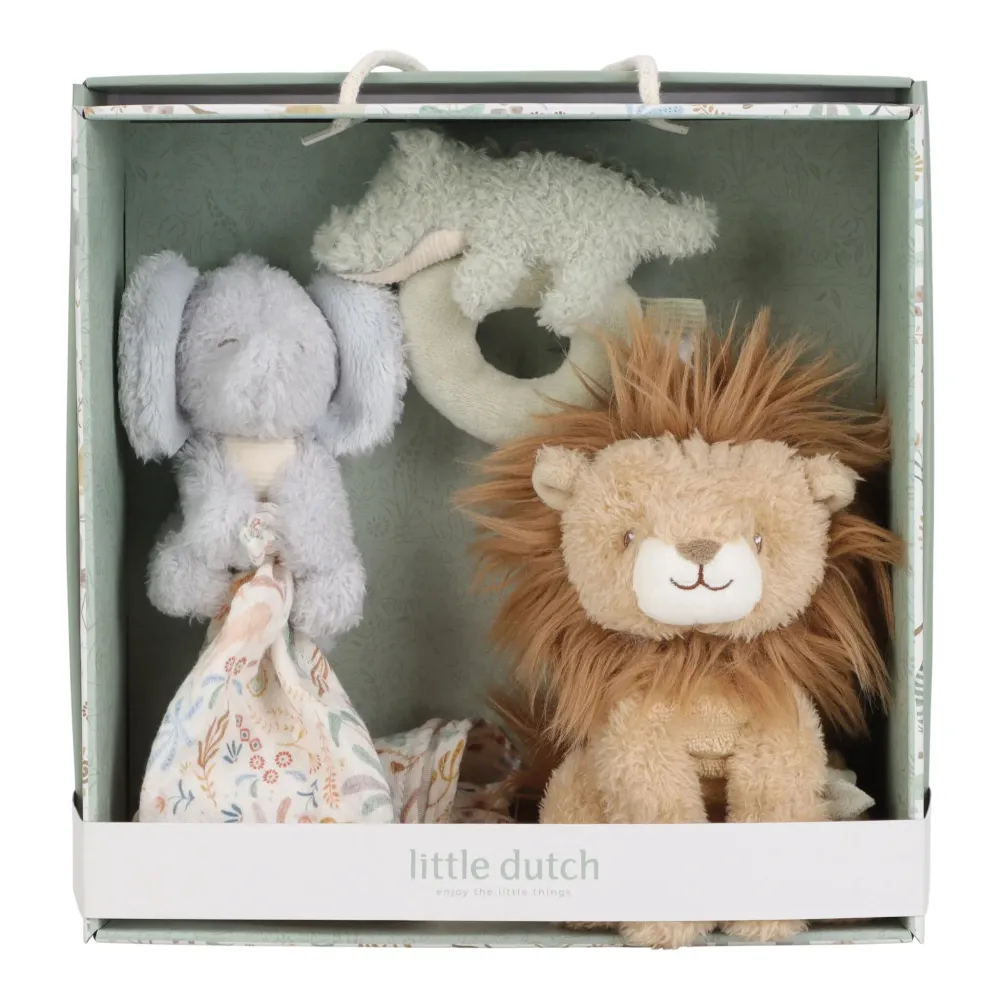 Zestaw Prezentowy dla Niemowląt Little Dutch Safari Friends | Elegancki Komplet Sensoryczny od Urodzenia 0+, Przytulanka z Maskotką i Grzechotką, Bezpieczne Tekstylia w Pastelowych Kolorach, Idealny Prezent na Baby Shower i Pudełko Wyprawkowe.