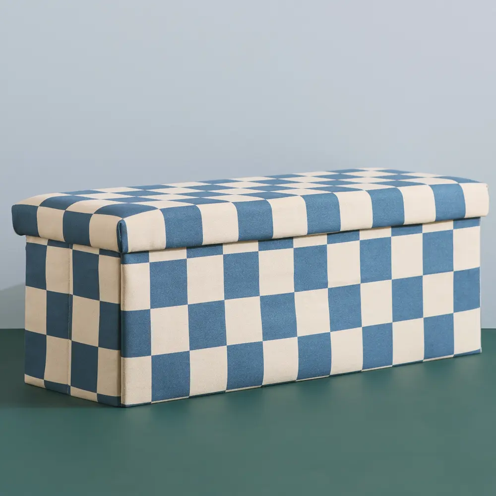 Długa Pufa Dziecięca ze Schowkiem Kid's Concept Check Teal 80 cm | Składana Pufa Tekstylna Skrzynia na Zabawki do 60 kg, Welurowy Kufer Siedzisko z Przegrodą z Płyty MDF, Organizer do Pokoju Dziecka, Prezent dla Dziewczynki i Chłopca.