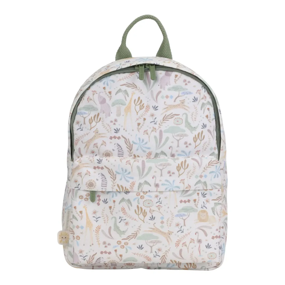 Plecak 29 cm Little Dutch Safari Friends | Dziecięcy Plecaczek Przedszkolny i Podróżny, Lekki z Motywem Zwierzątek Safari z Wytrzymałego Poliestru, Posiada Kieszeń Przednią, Uchwyt na Kubek i Metkę na Imię.
