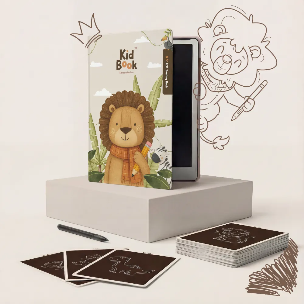 Edukacyjny Tablet LCD z Kartami Pracy Kidinex KidBook Safari | Cyfrowa Książeczka do Nauki Pisania i Rysowania dla Dzieci 3+, Ekran 8,5 Cala z Ciemnym Tłem i 40 Zadaniami, Wspiera Motorykę Małą, Prezent dla Przedszkolaka.