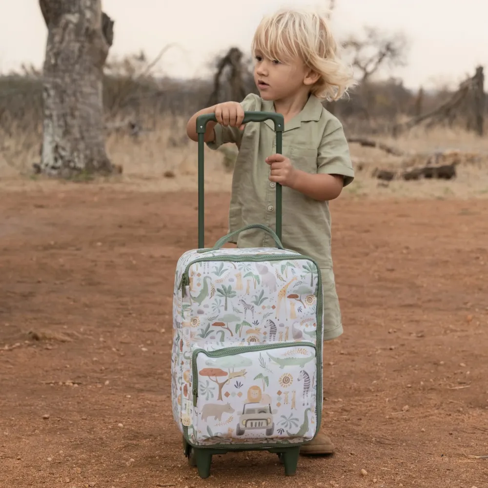 Dziecięca Walizka na Kółkach Little Dutch Safari Friends | Podróżna Walizeczka z Wysuwaną Rączką dla Dzieci, Lekka i Poręczna z Motywem Zwierzątek Safari, Wspiera Samodzielność w Podróży i Przechowywanie Skarbów.