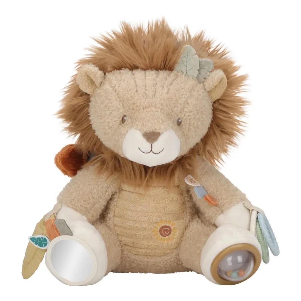 Zabawka Sensoryczna Lew Aktywizujący Little Dutch Safari Friends | Maskotka Edukacyjna dla Niemowląt 0m+, z Bezpiecznym Lusterkiem, Grzechotką i Gryzakiem Silikonowym, Wspiera Rozwój Zmysłów, Małej Motoryki oraz Koordynacji Ręka-Oko.
