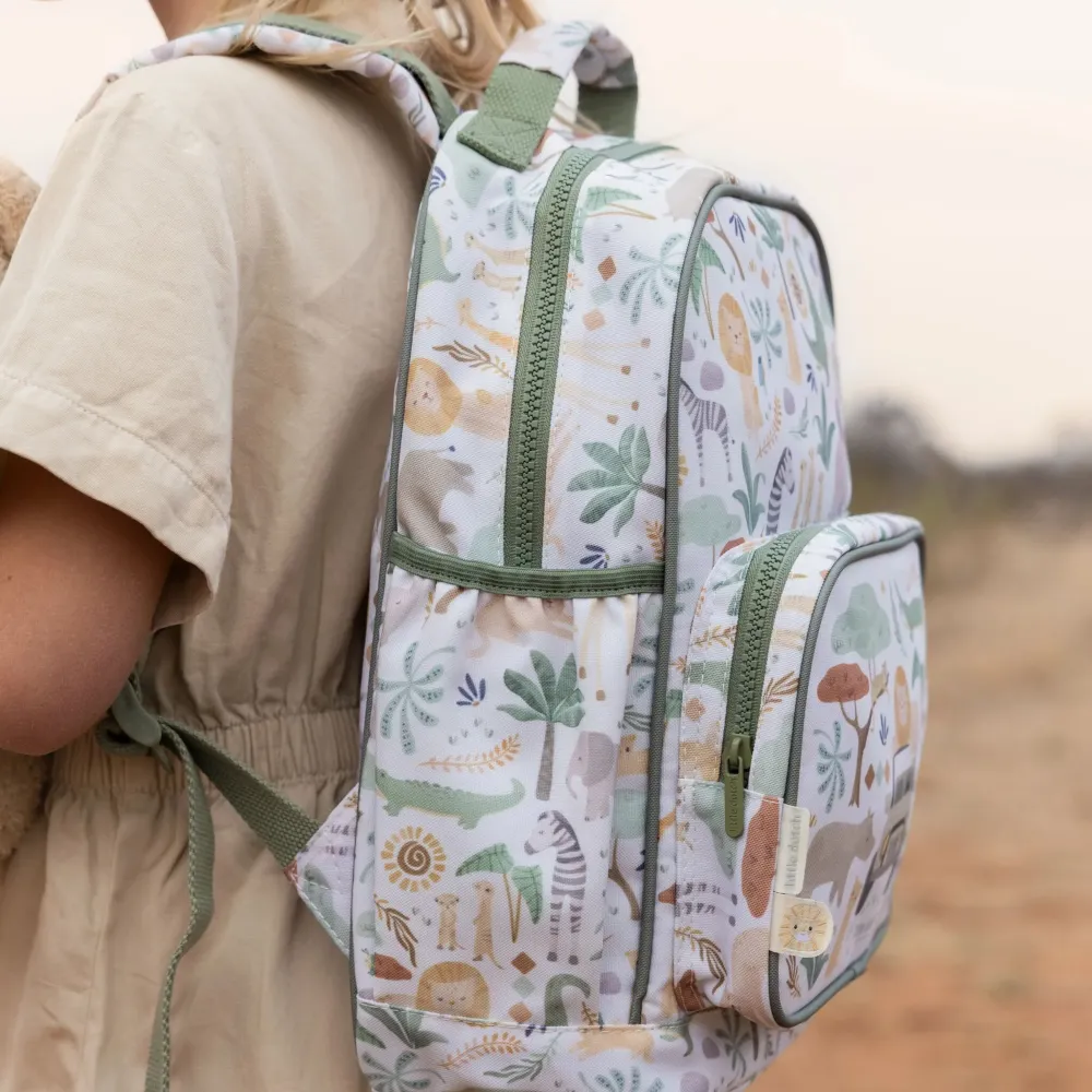 Duży Plecak Przedszkolny Little Dutch Safari Friends | Pojemny Plecak dla Dzieci do Przedszkola i na Wycieczki, Wysokość 35 cm, z Kieszonką na Bidon i Metką na Imię, Wytrzymały i Lekki dla Małych Odkrywców.
