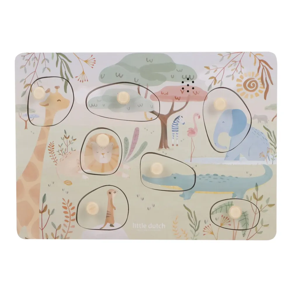 Little Dutch drewniane puzzle dźwiękowe ze zwierzątkami Safari Friends układanka dźwiękowa LD7178. Drewniana układanka sensoryczna z odgłosami zwierząt z drewna FSC dla dzieci od 12 miesięcy 12m+ / na roczek.