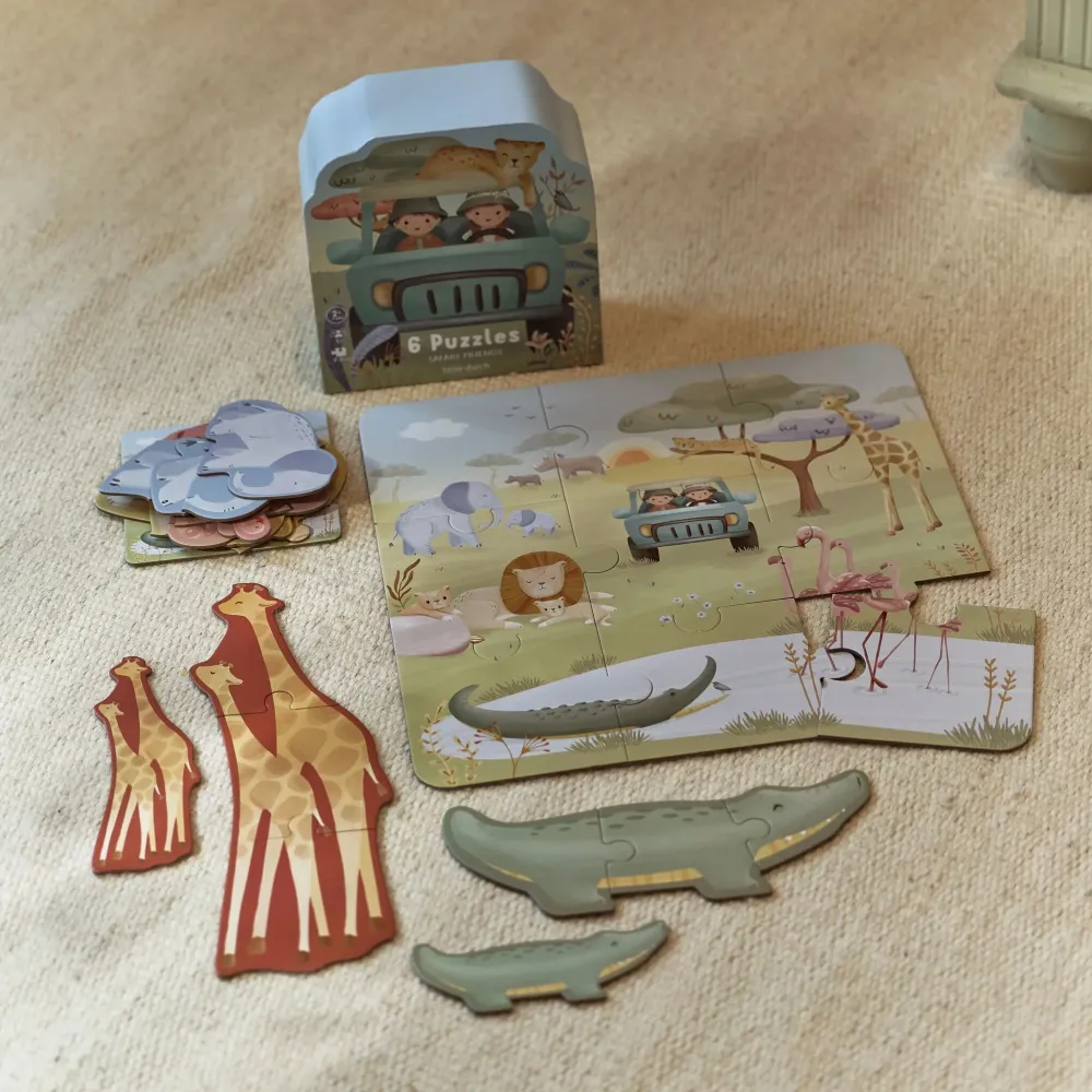 Little Dutch puzzle dla dzieci Safari Friends zestaw układanek 6w1 22 elementy. Kartonowe puzzle ze zwierzątkami LD8923 do dopasowywania kształtów i nauki logicznego myślenia dla dzieci od 2 lat 2+ / na prezent.