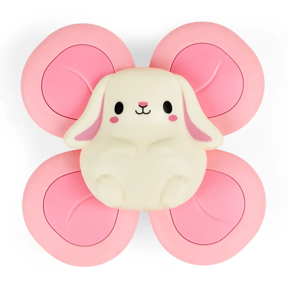 Sensoryczny spinner z przyssawką Tiger Tribe Bunny dla niemowląt (6m+). Wirująca zabawka z króliczkiem do kąpieli, krzesełka do karmienia i podróży. Bezpieczny, kolorowy gadżet bez BPA wspierający motorykę i skupienie dziecka.