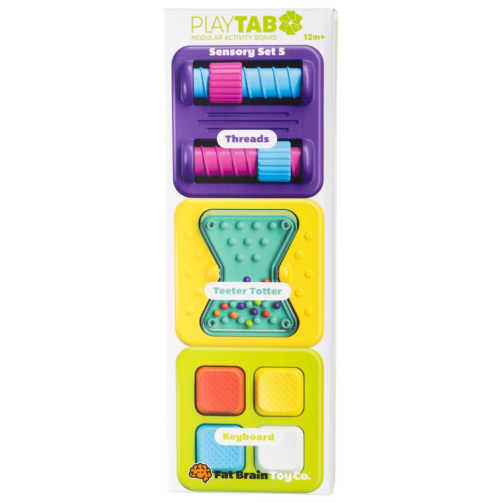 Modułowy zestaw sensoryczny PlayTab Sensory Set 5 z 3 magnetycznymi kafelkami amerykańskiej marki Fat Brain Toys. Magnetyczna tablica manipulacyjna 9x9 cm z gwintami, równoważnią i klawiszami bez elektroniki