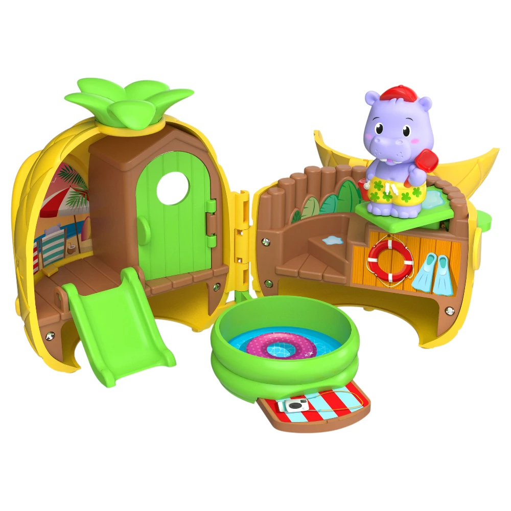 otwierany mini domek ananas z basenem, zjeżdżalnią, trampoliną i figurką hipopotama Kevina marki Klorofil od Vulli. Wakacyjny przenośny zestaw do zabawy i odgrywania ról dla dzieci od 18 miesięcy 18m+