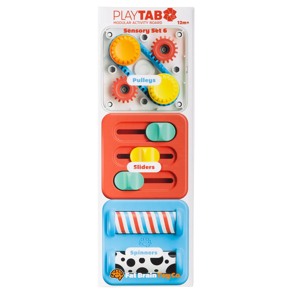 Fat Brain Toys PlayTab sensoryczne kwadraty magnetyczne zestaw 3 sztuki z paskiem napędowym kółkami zębatymi suwakami i wałeczkami. Płytki sensoryczne do tablicy PlayTab i PlayTab Go Fat Brain Toys FA488-38 bez BPA dla dzieci od 12 miesięcy 12m+.