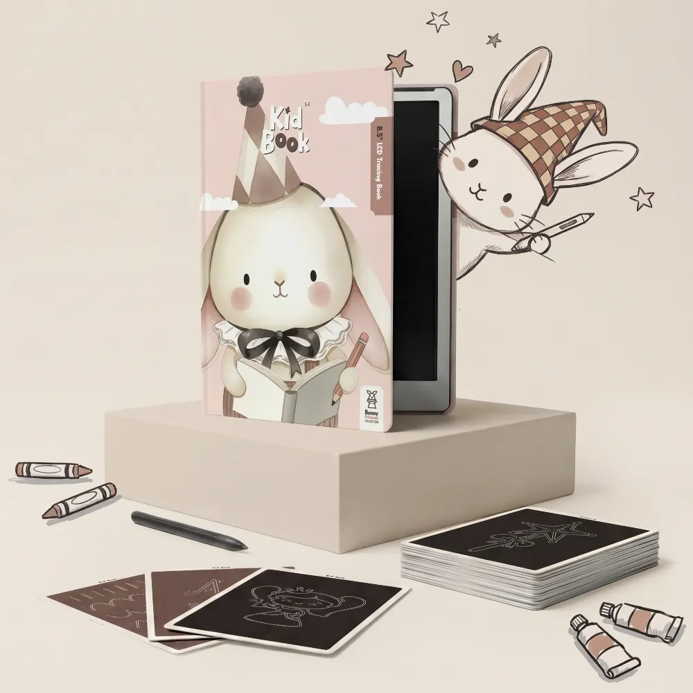 KidBook tablet graficzny LCD z kartami pracy Rabbit Pink znikopis różowy króliczek z rysikiem. Edukacyjny znikopis cyfrowy do nauki pisania i rysowania dla przedszkolaków KB-01-PK dla dzieci od 3 lat 3+ / do podróży.