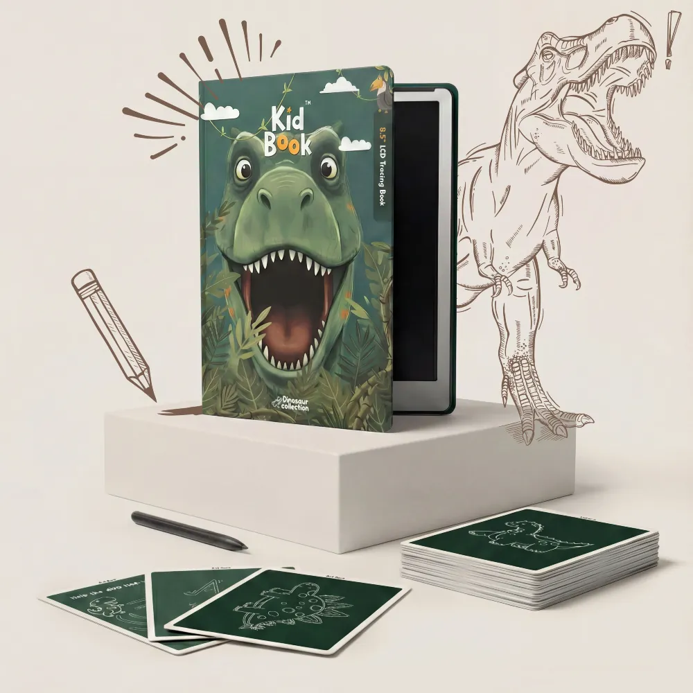 KidBook tablet graficzny LCD z kartami pracy Dino znikopis zielony dinozaur z rysikiem. Edukacyjny znikopis cyfrowy do nauki pisania i rysowania dla przedszkolaków KB-01-DN dla dzieci od 3 lat 3+ / do podróży.