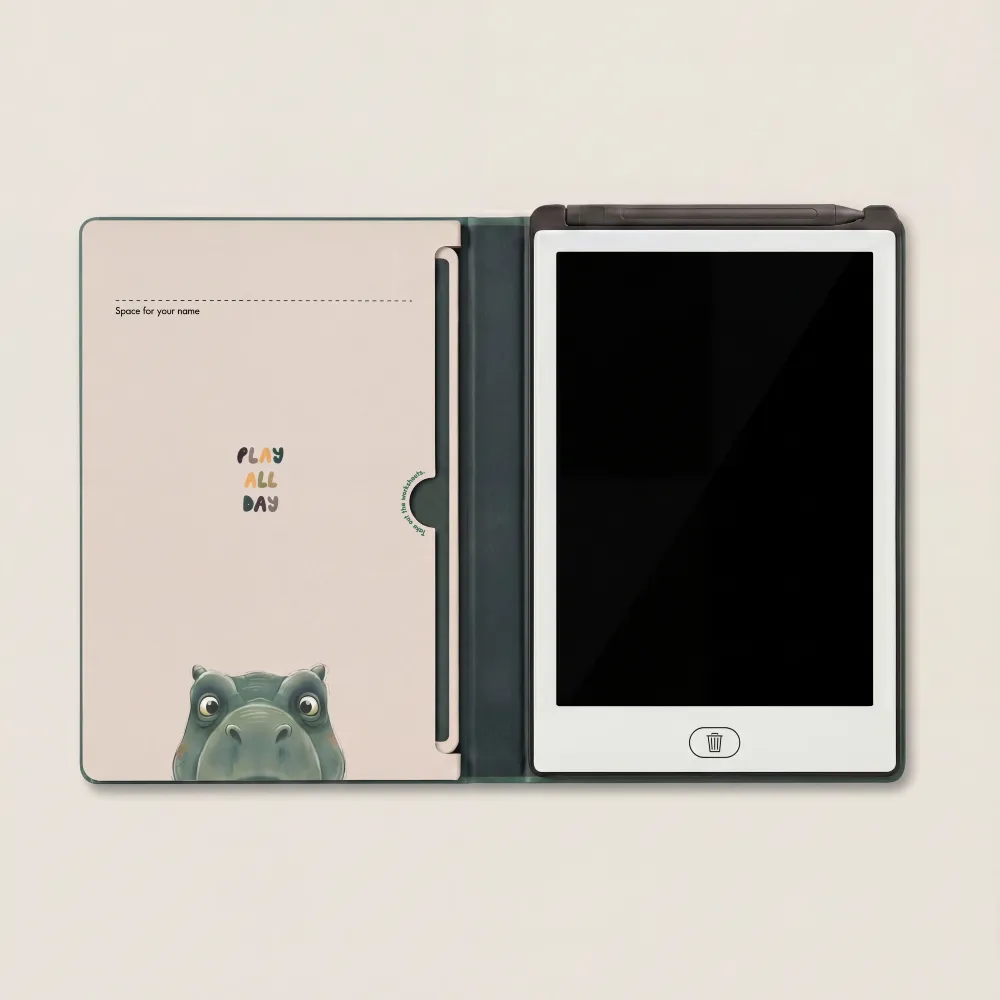 KidBook tablet graficzny LCD z kartami pracy Dino znikopis zielony dinozaur z rysikiem. Edukacyjny znikopis cyfrowy do nauki pisania i rysowania dla przedszkolaków KB-01-DN dla dzieci od 3 lat 3+ / do podróży.