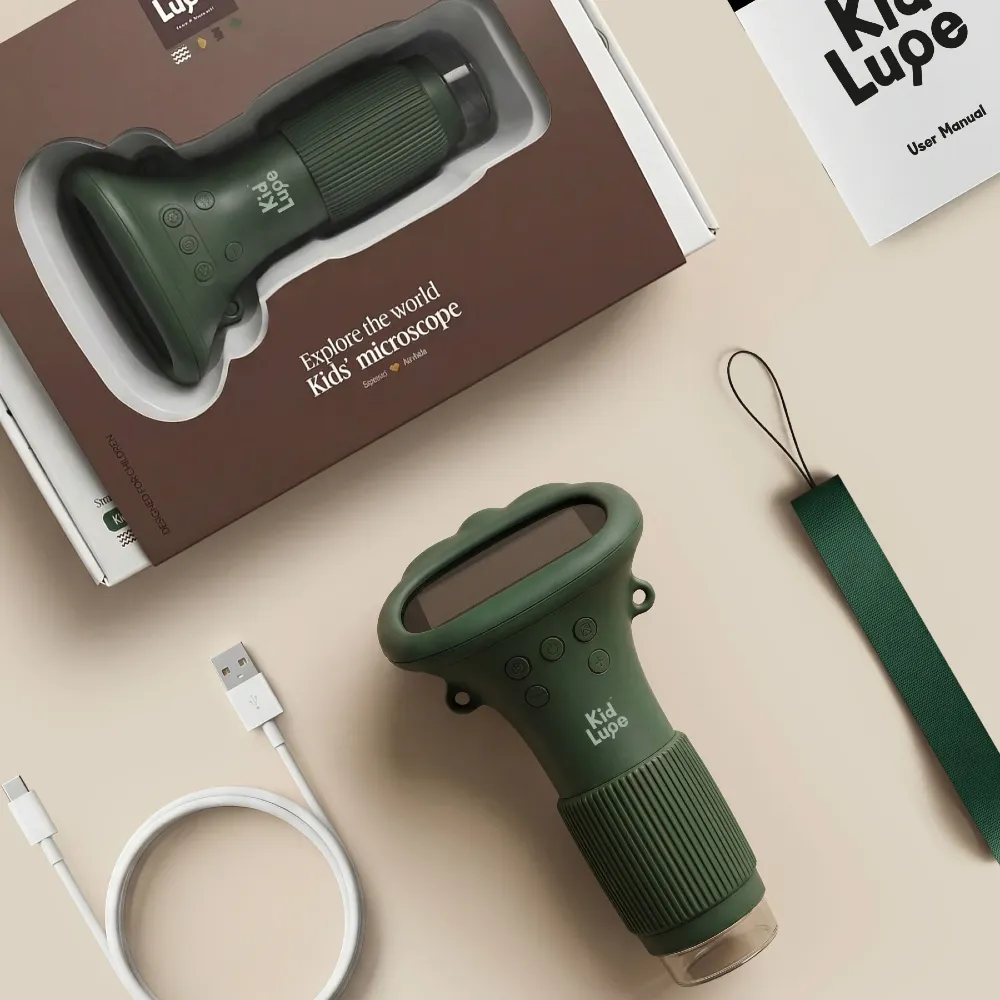 KidLupe mikroskop cyfrowy dla dzieci zielony z ekranem LCD powiększenie x1000. Edukacyjny mikroskop przenośny z kablem USB-C i smyczą KL-MIC-GR dla dzieci w wieku 3-11 lat 3+ / do szkoły i ogrodu.
