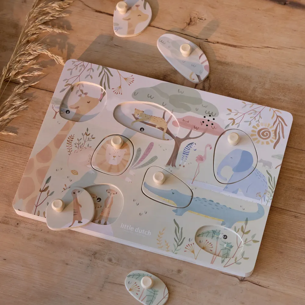 Little Dutch drewniane puzzle dźwiękowe ze zwierzątkami Safari Friends układanka dźwiękowa LD7178. Drewniana układanka sensoryczna z odgłosami zwierząt z drewna FSC dla dzieci od 12 miesięcy 12m+ / na roczek.