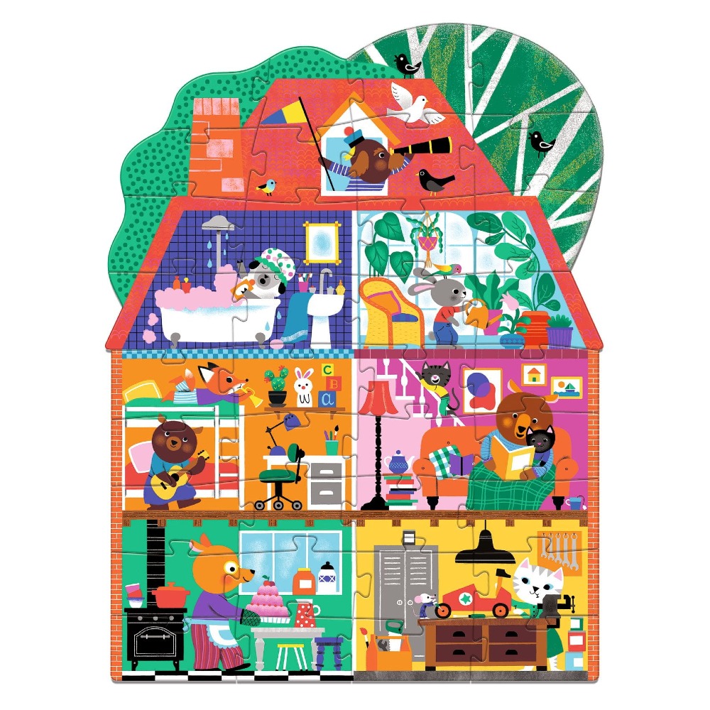 Djeco Puzzle gigant Domek Małych Przyjaciół to duża układanka dla dzieci od 3. roku życia, przedstawiająca pełen codziennych zajęć domek małych leśnych przyjaciół.