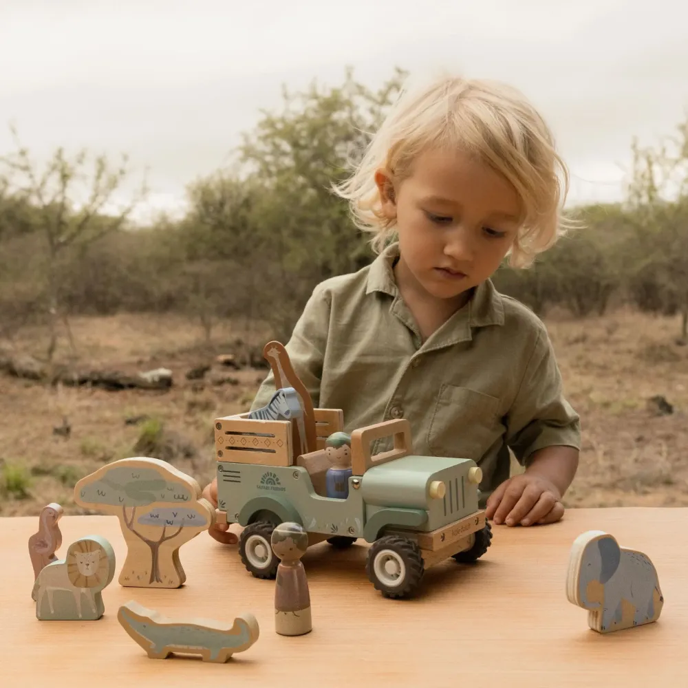 Little Dutch – Drewniany samochód Safari Friends z figurkami 12m+