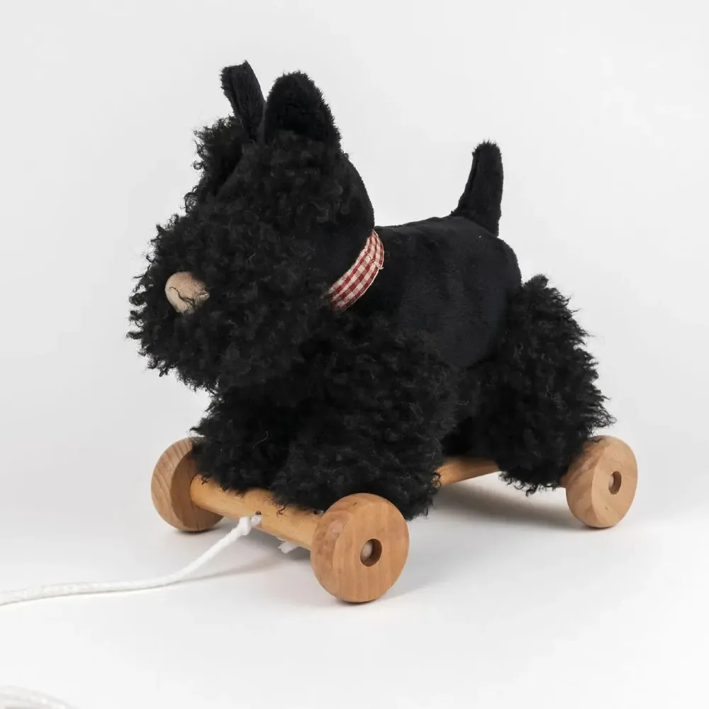 Pluszowy piesek Walter marki Egmont Toys to miękka zabawka do ciągnięcia na czterech drewnianych kółkach.