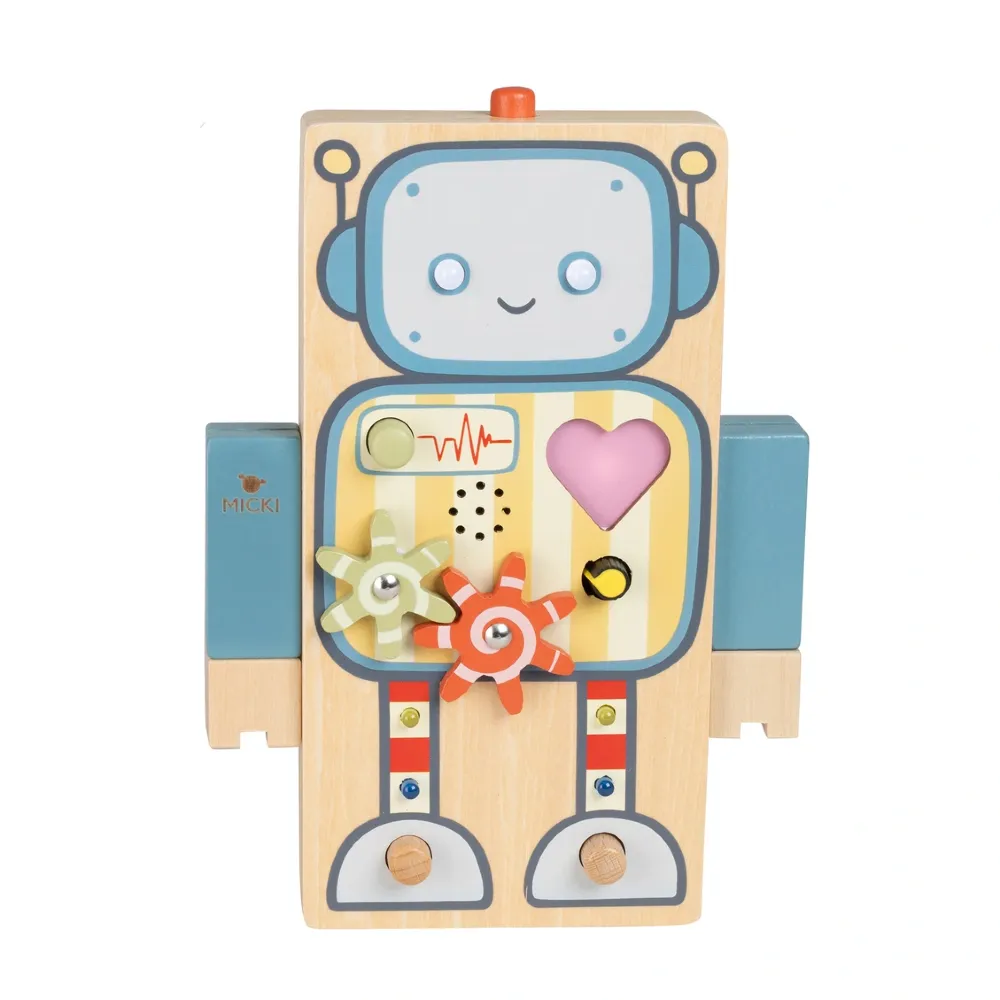Micki Gigglebot to drewniana zabawka interaktywna w kształcie robota, przeznaczona dla dzieci od 12. miesiąca życia.