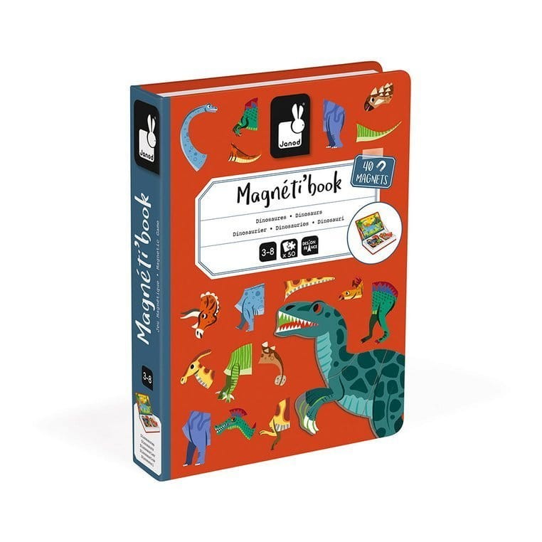 Janod Magnetibook Dinozaury – magnetyczna układanka dla dzieci 3–6 lat, 40 elementów, zestaw kreatywny z dinozaurami w formie książki.
