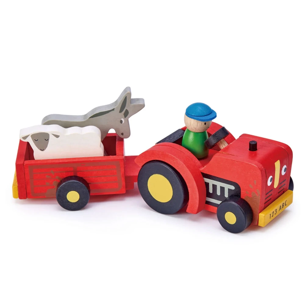 Tender Leaf Toys - drewniany traktor z przyczepą ze zwierzątkami