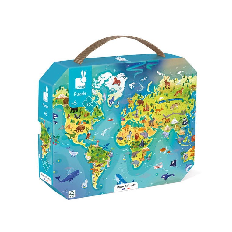 Janod - puzzle w walizce Mapa świata 100 elementów