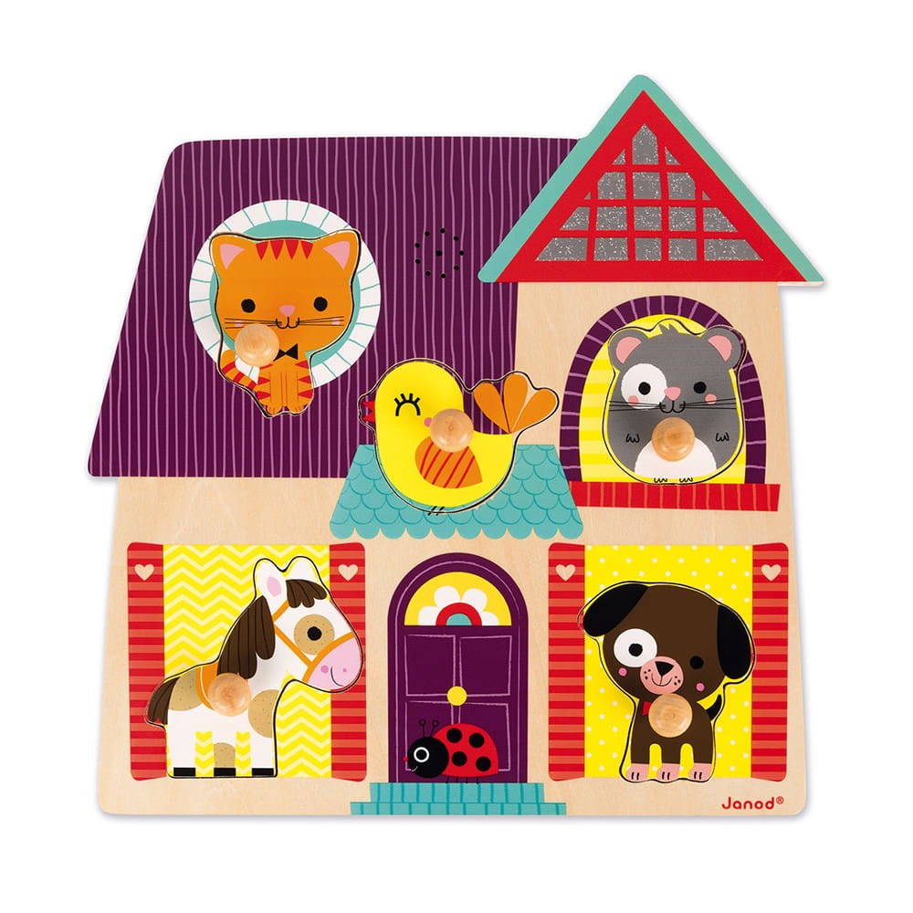 Janod puzzle dźwiękowe drewniane moi mali przyjaciele ze zwierzętami. Układanka z uchwytami z dźwiękiem psa kota konia J07078 na baterie dla dzieci 18-36m do nauki motoryki małej i mowy.
