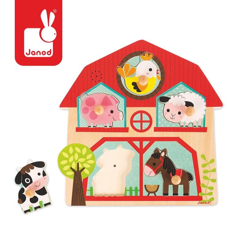 Janod puzzle dźwiękowe drewniane mieszkańcy farmy ze zwierzętami. Układanka z uchwytami z dźwiękiem krowy świni owcy J07071 na baterie dla dzieci 18-36m do nauki motoryki małej i mowy.