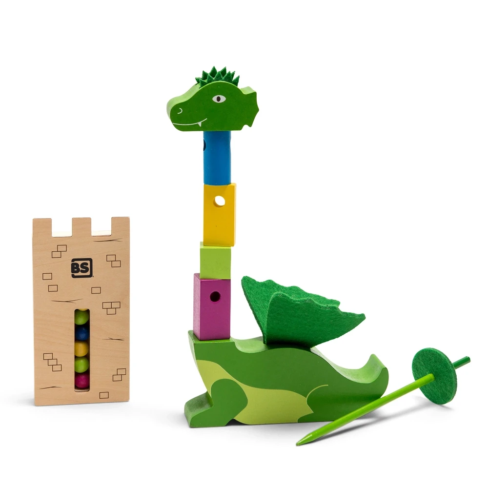 BS Toys Drewniana Gra Zręcznościowa Wieża Smoka dla Dzieci 4+ Rycerska Gra w Budowanie z Drewnianym Mieczem i Wieżą Losującą, Rozwija Koordynację Ręka-Oko, Precyzję i Logiczne Myślenie, Emocjonujący Wyścig z Czasem, Prezent dla Małego Bohatera