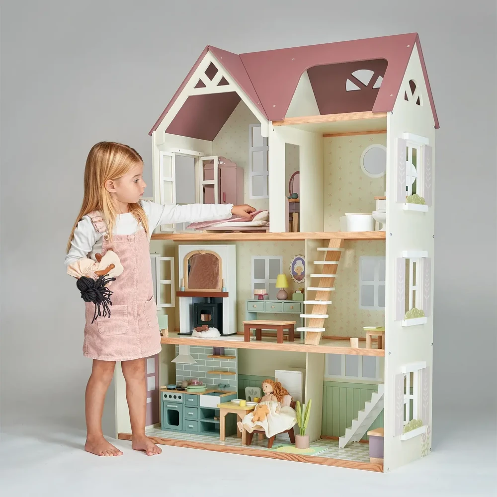 Drewniany Domek XXL z Wyposażeniem Tender Leaf Toys Mulberry Mansion | Duży Rezydencja dla Lalek Mebelki i Akcesoria 3 piętra poddasze, Wykonany z Drewna Kauczukowego dla Dzieci 3+, Wspiera Kreatywność i Odgrywanie Ról, Prezent Premium.