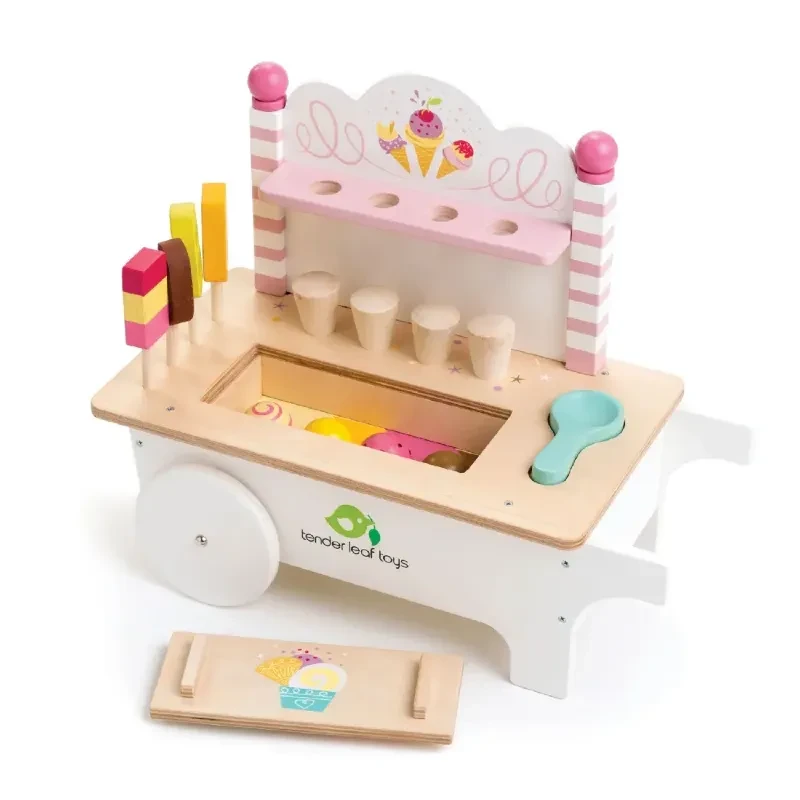 Drewniany Sklepik z Lodami Tender Leaf Toys Wózek Lodziarnia z Magnetycznymi Gałkami dla Dzieci 3+, Lody do Zabawy, Kuchnia Drewniana i Akcesoria,  Odgrywanie Ról i Naukę Liczenia, Prezent dla Dziewczynki i Chłopca, dla 3-latki i 4-latki.