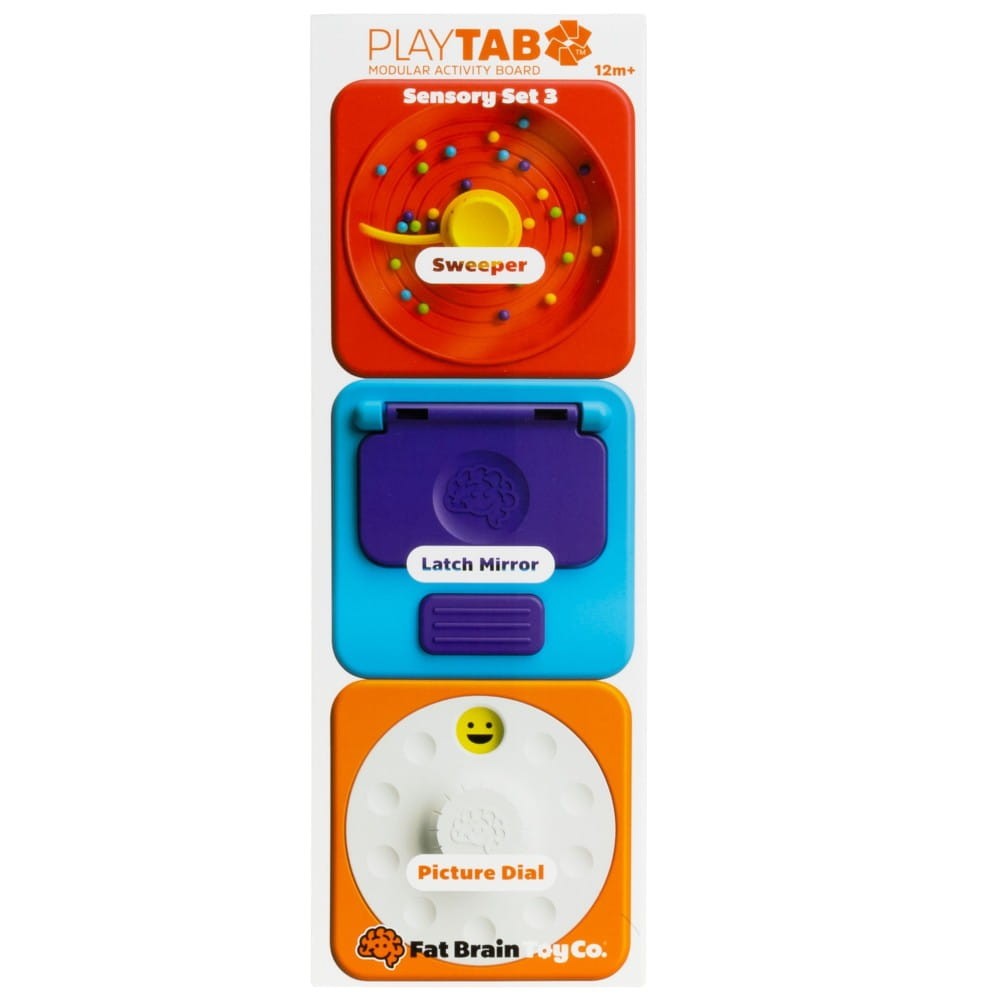 Zabawka sensoryczna dla rocznego dziecka 12m+ – PlayTab Fat Brain Toys 3 moduły lusterko kulki tarcza, prezent na roczek, rozwój motoryki małej i koordynacji ręka oko