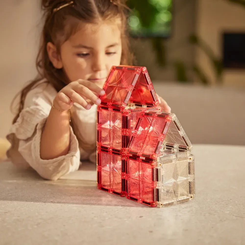 Cleverclixx klocki magnetyczne z brokatem dla dziewczynki Glitter Tiles Pack Transparent Pink 16 elementów