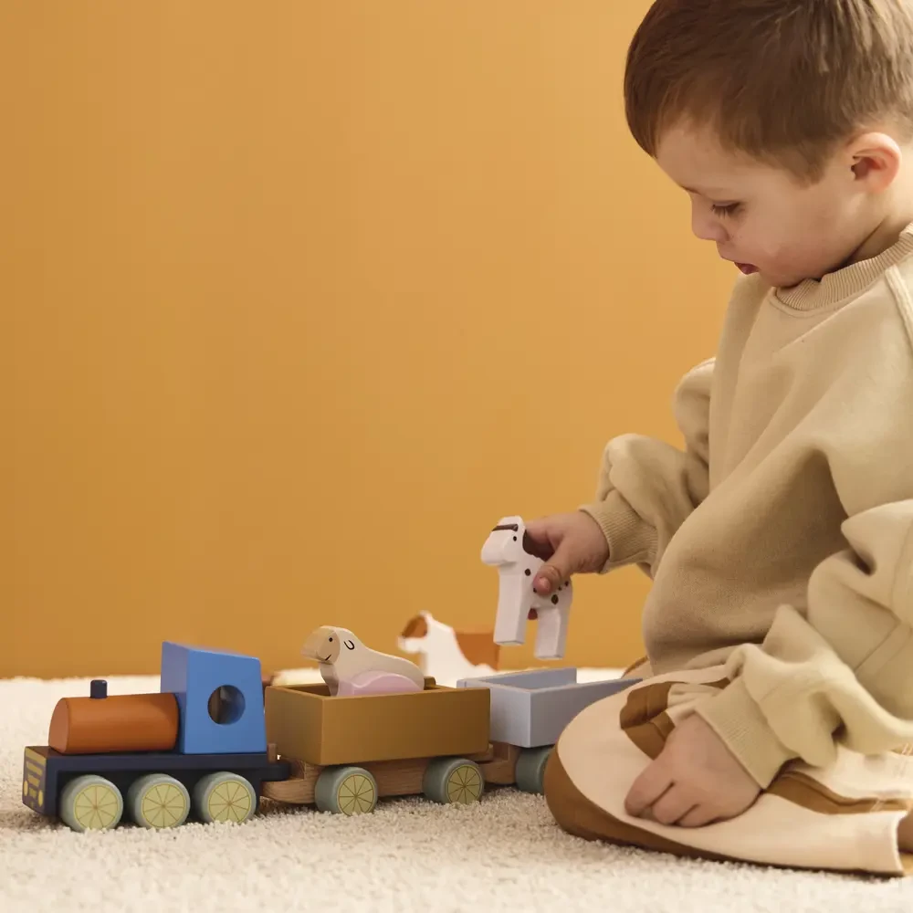 Kids Concept drewniany pociąg farma z wagonikami i zwierzątkami