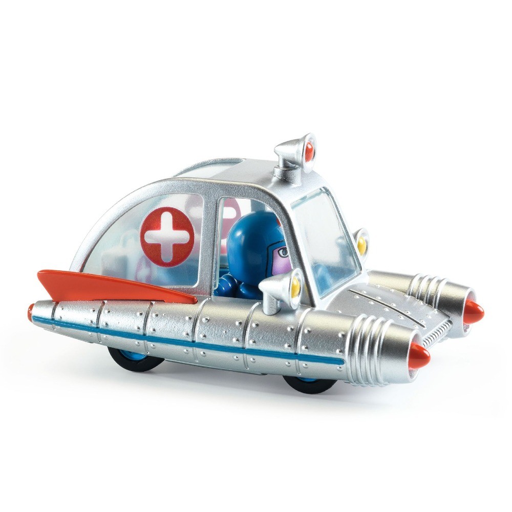 Djeco Crazy Motors Space Ambulance metalowy ambulans kosmiczny zabawka resorak 3+, samochodzik dla dzieci do zabawy i kolekcji, rozwój motoryki małej i koordynacji ręka-oko