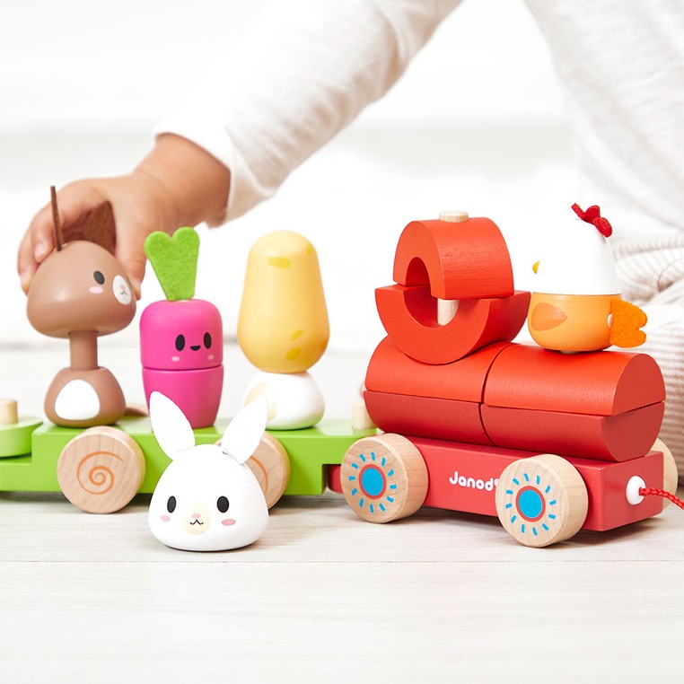 Janod pociąg z klockami i figurkami do ciągnięcia Farma