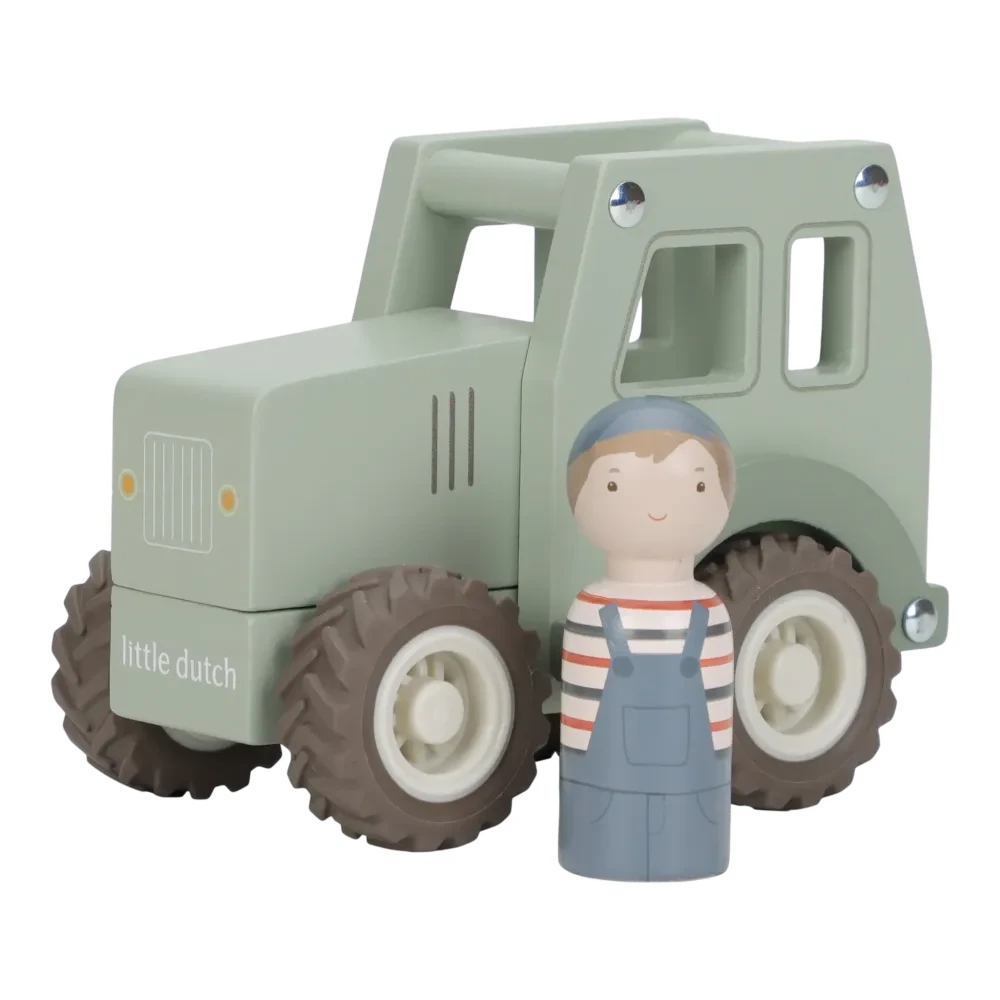 Drewniany traktor zielony Little Dutch z figurką farmera zabawka dla rocznego dziecka