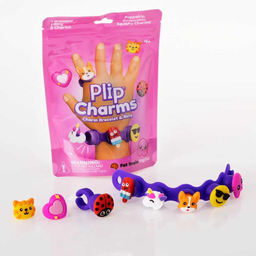 Sensoryczny zestaw do robienia bransoletek dla dziewczynki Plip Charms Fiolet od Fat Brain Toys. Silikonowa biżuteria dla dzieci od 4. roku życia z kolorowymi zawieszkami typu fidget toy pop.