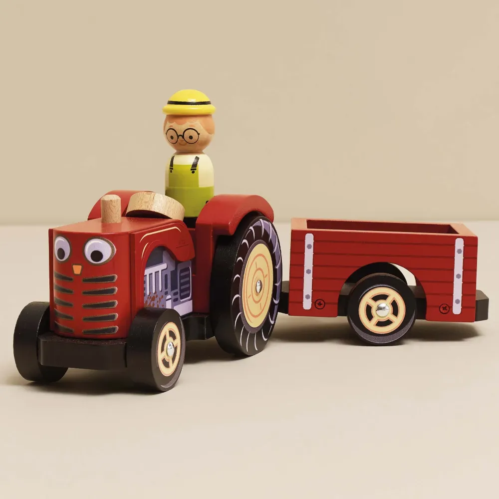 Drewniany Traktor z Magnetyczną Przyczepką Le Toy Van | Solidny Pojazd Rolniczy z Drewna Litego dla Dzieci od 3 Lat 3+, Trwała Zabawka Ekologiczna FSC z Magnesem, Wspiera Wyobraźnię i Małą Motorykę, Prezent dla Trzylatka.