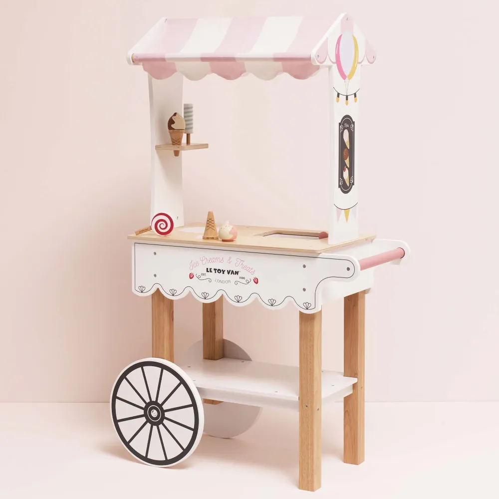 Drewniany Wózek z Lodami Le Toy Van Ice Cream Trolley 110 cm | Mobilna Lodziarnia Premium z Akcesoriami dla Dzieci 3+, Drewniany Sklep na Kółkach z Tablicą i Zegarem FSC, Wspiera Odgrywanie Ról i Trening Liczenia, Prezent dla Przedszkolaka.