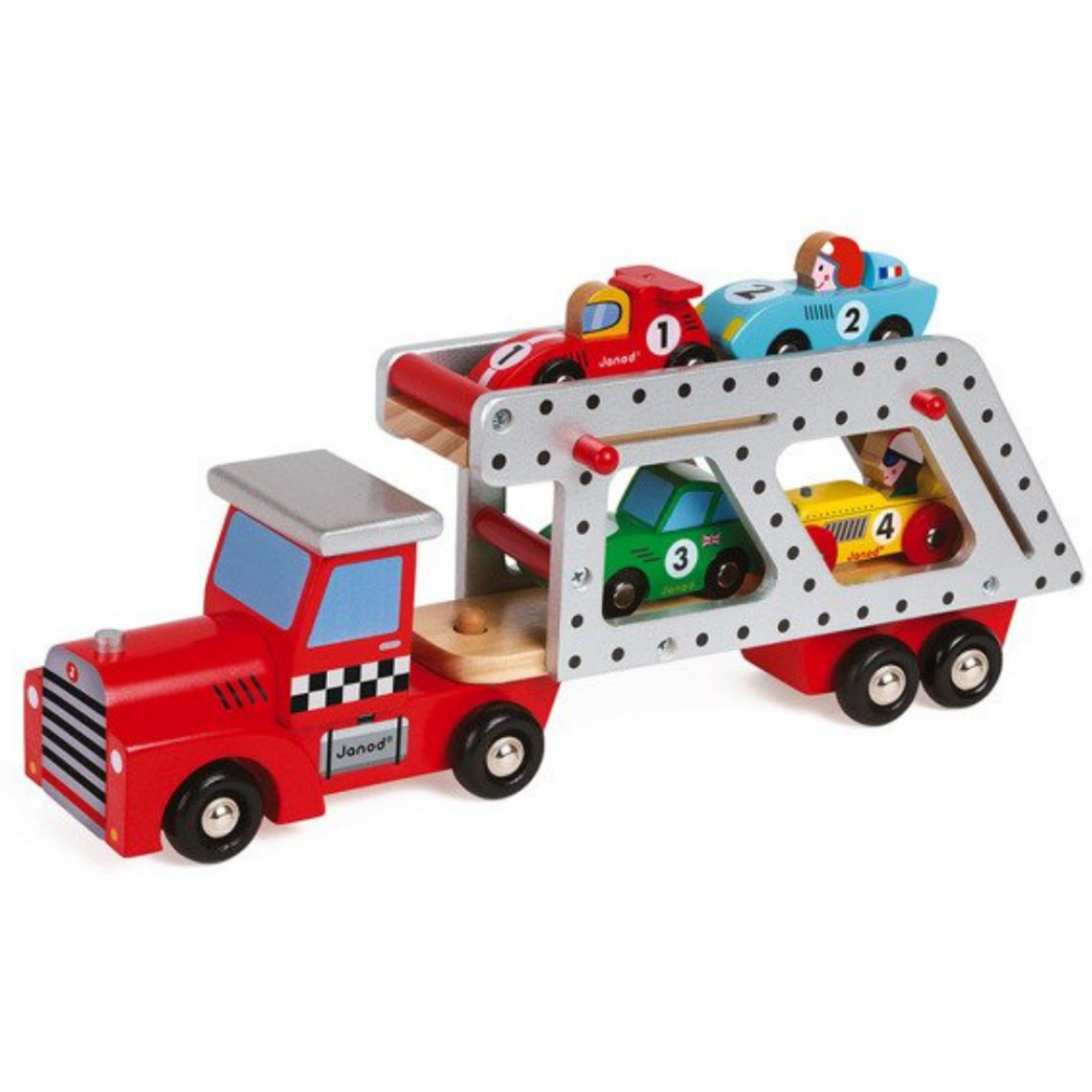 Janod autko laweta drewniana Story 4 Cars Transporter Lorry